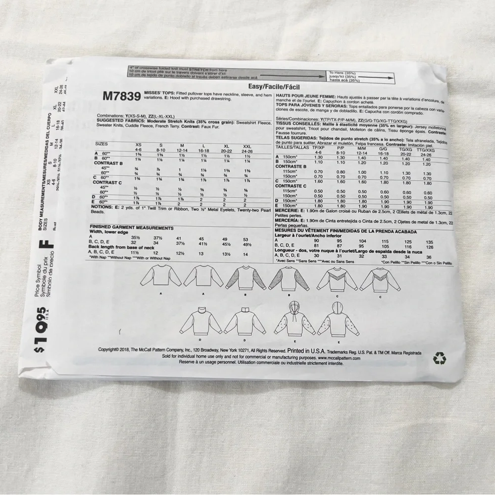 McCall’s M7839 Sewing Pattern Hoodie Sweatshirt Uncut Factory Folded